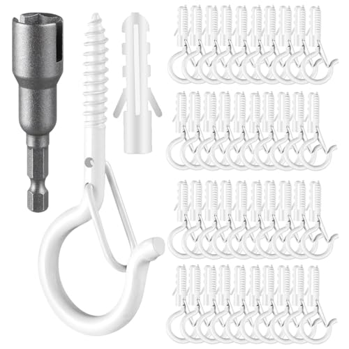 FSAH 48 PCS Q-Hanger Hooks with Safety Buckle, Windproof Screw Hooks - color: White, size: 48 Pcs