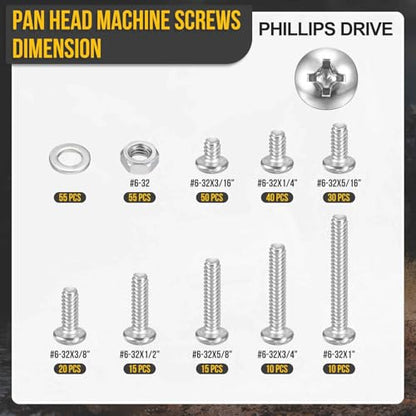DTGN #6-32 Phillips Pan Head Machine Screw W/Nut&Washer 304 300pcs - size: #6-32
