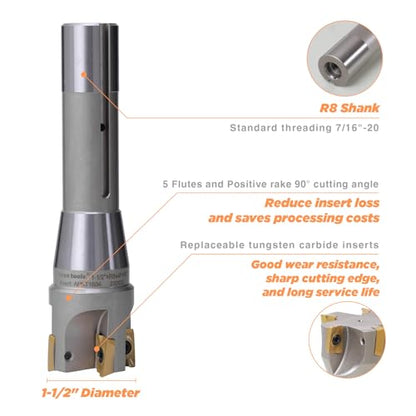 R8 인덱서블 2.5-1.3cm(1-0.5인치) 엔드 밀 카바이드 인서트 90° 밀링 커터 - size: 1 - 1/2"