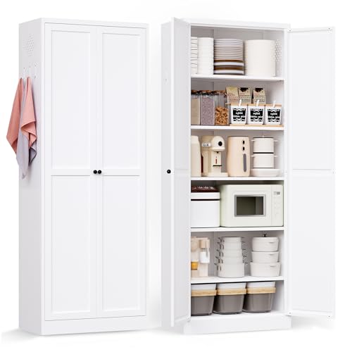 AQY Metal Pantry Cabinet, 72" White Kitchen Storage Cabinet with Doors - color: White, style: H72" - 2 Doors Hooks & Vents