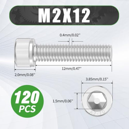 120 Pcs M2 x 12mm Button Head Socket Cap Screws - 304 Stainless Steel - size: M2x12
