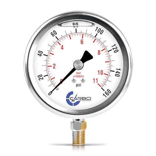160 PSI Glycerin Liquid Filled Pressure Gauge, 4" Dial, 1/4 NPT Lower Mount, 304 Stainless Steel Case, Brass Wetted Parts, Dual Scale PSI/Bar - ASME B40.1 Grade A - size: 0-160 Psi, style: STANDARD