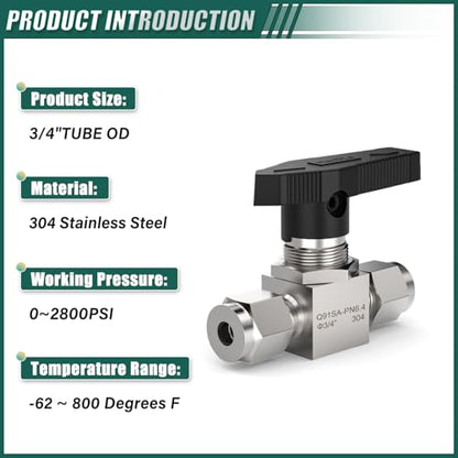 1PCS 304 Stainless Steel Compression Valve,3/4" Tube OD Straight Adapter, for water/oil/air systems. - size: 3/4" OD (Valve)