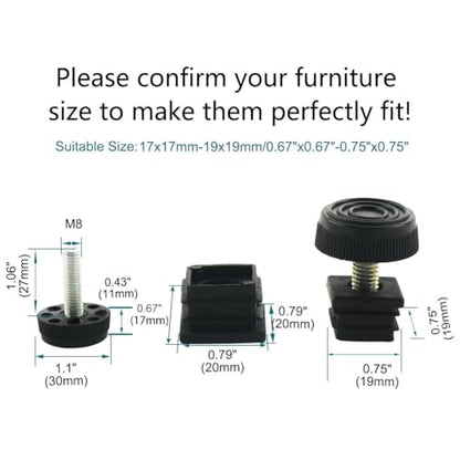 uxcell Adjustable Leveling Feet 20 x 20mm Square Insert Kit Furniture Glide 8 Sets