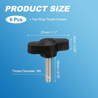 PATIKIL M5 x 20mm Tee Wing Thumb Screws, 6Pcs Carbon Steel Mechanical Handle Bolt Thumb Screws for Remove Replace Hand Clamping Tightening Knobs Power Supply, Black - size: M5 x 20mm