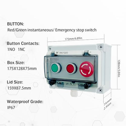 Waterproof Push Button Switch Box, IP67 Rated, Outdoor Industrial Start/Stop Control Box with Protective Cover (Green/red/Emergency Stop Button Switch Box) - color: Green/red/ emergency stop button switch box