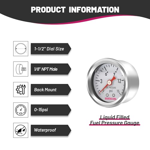 0-15psi Glycerin Filled Fuel Pressure Gauge, 1-1/2" Dial Size, 304 Stainless Steel Case, 1/8" NPT Center Back Mount, with High Accuracy, for Measuring Fuel Pressure - size: 0-15psi, style: Back Mount