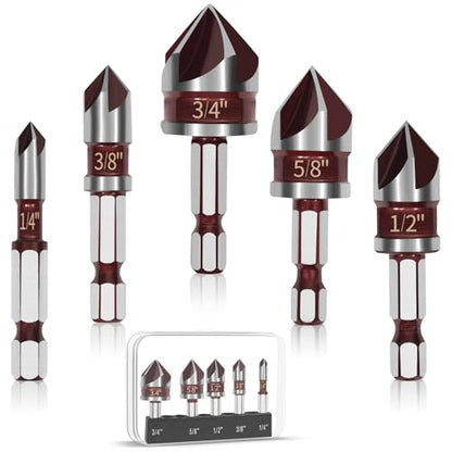 5 PCS Countersink Drill Bit Set, 82-Degree HSS, Size 1/4"-3/4"