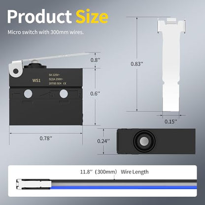 Joinfworld Waterproof Micro Limit Switch with Hinge Lever 6A 12V DC Lever Microswitch SPDT 3 PIN 5A 250VAC with Pre-Wired - 2 Pack - style: WS1-Hinge Lever