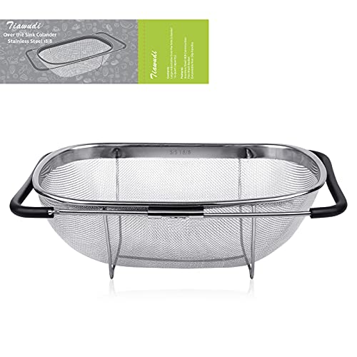 Tiawudi 6-Quart Large Over The Sink Colander, Heavy Duty 40% Thicker 18/8 Stainless Steel Fine Mesh Strainer Basket with Expandable Rubber Grip Handles - Strain, Drain, Rinse Fruits, Vegetables