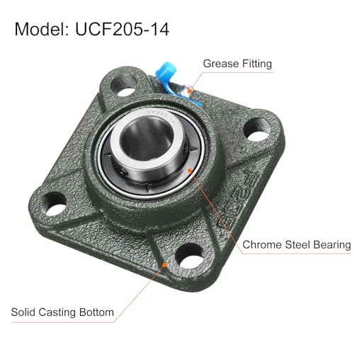 uxcell 2pcs UCF205-14 Pillow Block Bearings 7/8 inch Bore Self Alignment, Solid Cast Iron Base Square Flange Mounted Chrome Steel Bearings - size: UCF205-14