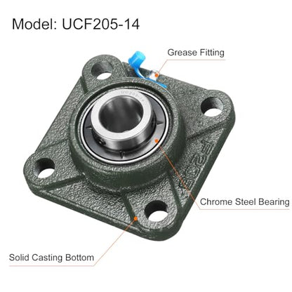 uxcell 2pcs UCF205-14 Pillow Block Bearings 7/8 inch Bore Self Alignment, Solid Cast Iron Base Square Flange Mounted Chrome Steel Bearings - size: UCF205-14
