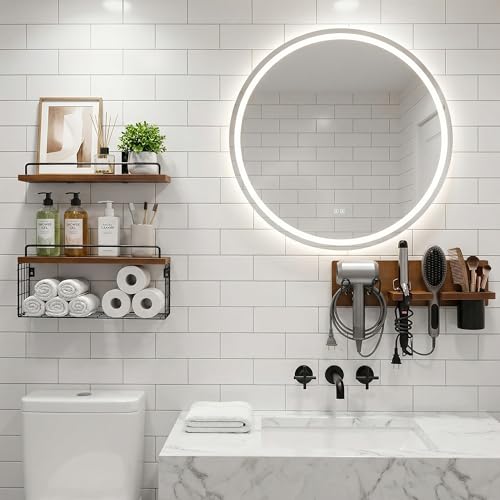 3-Tier Bathroom Floating Shelves with Hair Dryer Holder, Brown - color: Brown