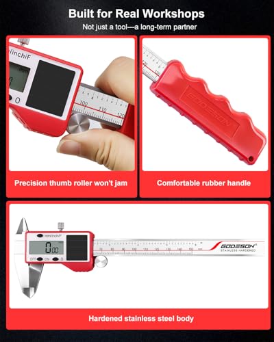 GODESON Solar Powered Digital Caliper, 6“ Digital Calipers with 0.001" Accuracy Stainless Steel, 3 Units Inch/mm/Fraction, 5 Modes Including Differential, for DIY Woodworking Metalworking 3D Printing
