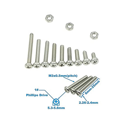 240PCS Metric M3 304 SS Phillips Pan Head Machine Screws & Nuts Kit - size: M3