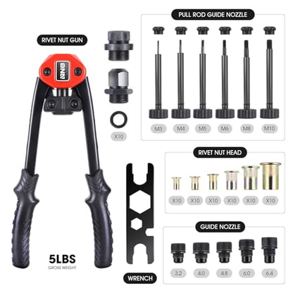 DNA MOTORING 2 in 1 12" Rivet Gun, Wrench, SAE Mandrels & Metric Rivet Nut Tool Set, 60pcs Rivet Nut Head, Rivet Gun Kit for Riveting Decoration Metal Plates, W/Case, TOOLS-00564 - style: 60pcs 12in
