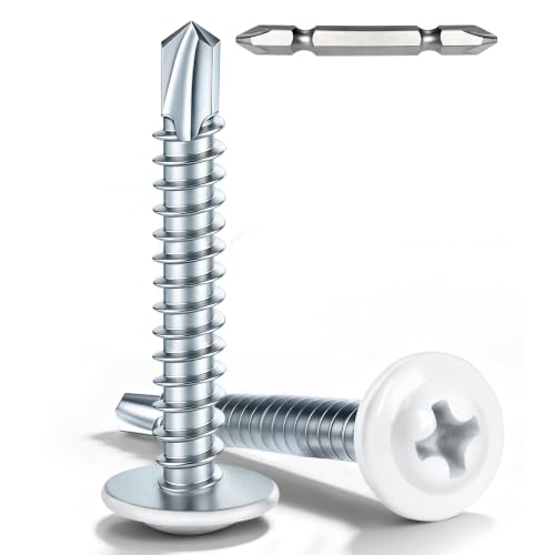 100 PCS #8 x 1-1/4" Sheet Metal Screws, Phillips Modified Truss Head Self Drilling Screws, Zinc-Plated, White Head Self Tapping Screws for Metal, Wood, Plastic, Double-Ended Bit Included - color: White, size: #8 x 1-1/4"