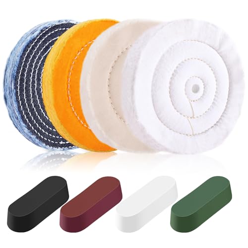 8PCS 6 Inch Buffing & Polishing Wheel Kit for Bench Grinder, 1/2" Arbor Hole, Denim/Yellow/White/Flannel Polishing Wheels with 4 Buffing Compound Set,Polishing Rouge Bars - size: 6 Inch - 8 PCS