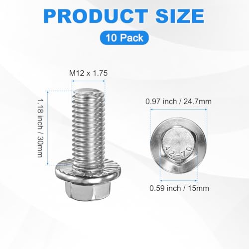 M METERXITY 10 Pack Flanged Hex Head Bolts, M12 x 30mm 304 Stainless Steel External Hex Drive Screws, Metric Fully Threaded Screw for Furniture Car DIY Project [Silver Tone] - size: M12 x 30mm