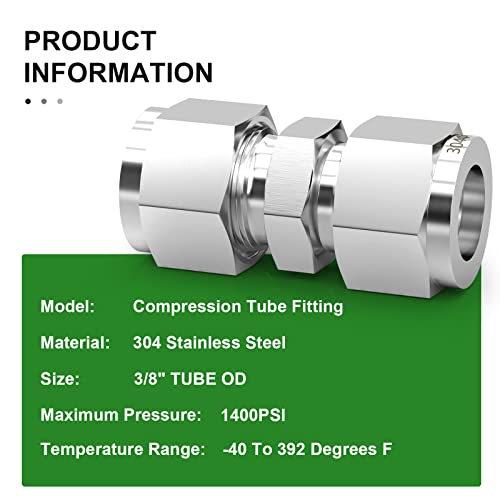 TAISHER 5PCS 304 Stainless Steel Compression Tube Pipe Fitting Connector, 3/8" Tube OD x 3/8" Tube OD Straight Adapter - size: 3/8" OD