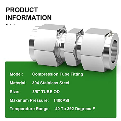 TAISHER 5PCS 304 Stainless Steel Compression Tube Pipe Fitting Connector, 3/8" Tube OD x 3/8" Tube OD Straight Adapter - size: 3/8" OD