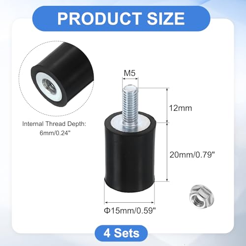 uxcell M5 Rubber Mounts, 4Pcs 15x20mm(DxH) Rubber Cylindrical Anti Vibration Isolator Shock Absorber with Lock Nut for Car Bobbin Generator Air Compressors - size: M5x15mm, 15x20mm Rubber