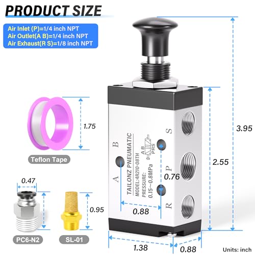 TAILONZ 1/4"NPT 5 Way 2 Position 4R210-08-TH Spring Reset Manual Valve