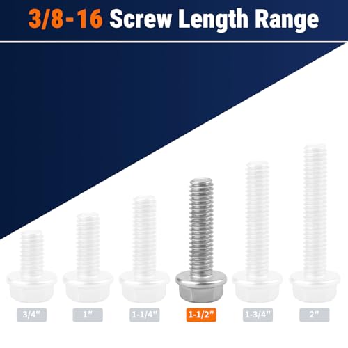 3/8-16 x 1-1/2" Flange Hex Bolts, 304 Stainless Steel 18-8, A2-70 Grade, Non-Serrated Flange Bolts for Automotive Repair, Fully Threaded, 10 Pcs - size: 3/8-16 x 1-1/2