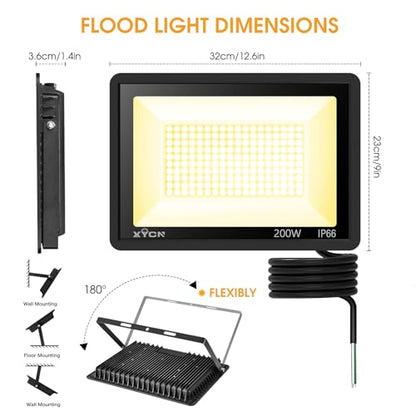 XYCN 2 Pack 200W 3000K Warm White LED Flood Light,Outside Flood Light,No Plug,22500LM Super Bright Outdoor Security Lights, IP66 Waterproof Floodlight for Yard,Playground,Garage, Garden, Lawn - size: 200W 3000K LED Flood Light 2pack
