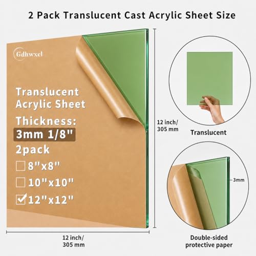 1/8 Thick 12 x 12 inch Translucent Acrylic Sheets - 2 Pack Colored Plexiglass Sheets for Creative DIY Projects Laser Cutting Engraving UV Printed Signs Crafts Badges (2, Green, 12 x 12 inch) - color: Green, size: 12x12 inch