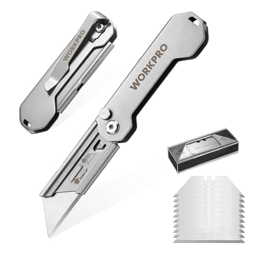 WORKPRO 2PCS EDC Folding Utility Knife, Mini Box Cutter with Quick Open Axis Lock, Quick Change Blade Razor Knife, Foldable Small Pocket Knife with Belt Clip, 2 Packs with 10 Extra Blades - color: Silver