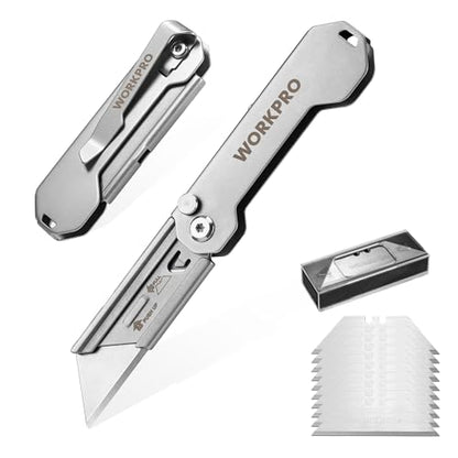 WORKPRO 2PCS EDC Folding Utility Knife, Mini Box Cutter with Quick Open Axis Lock, Quick Change Blade Razor Knife, Foldable Small Pocket Knife with Belt Clip, 2 Packs with 10 Extra Blades - color: Silver