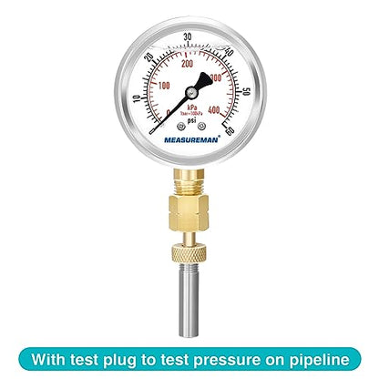 MEASUREMAN 0-60psi/kpa Liquid Filled Pressure Gauge with Brass Gauge Adaptor 1/4NPT Female，2-1/2 OAL x 1-2/5" x 1/8" Probe with Stainless Steel Sheath，Pressure Test Kit - size: 2.5 inches