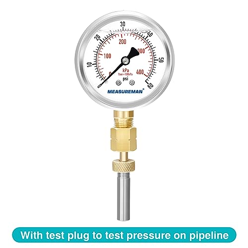 MEASUREMAN 0-60psi/kpa Liquid Filled Pressure Gauge with Brass Gauge Adaptor 1/4NPT Female，2-1/2 OAL x 1-2/5" x 1/8" Probe with Stainless Steel Sheath，Pressure Test Kit - size: 2.5 inches