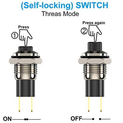 Push Button Switch, Self-Locking Mini Switches Latching 10mm Round DC24V 0.5A Black Cap 5PCS - style: black+red