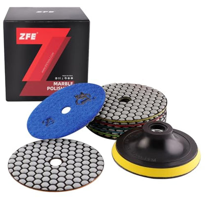 Diamond Polishing Pads, ZFE 9Pcs 4 Inch 100mm Dry Polishing Pads Set with 5/8”-11 Backing Plate for Granite Concrete Marble Quartz Stone Countertop Polishing