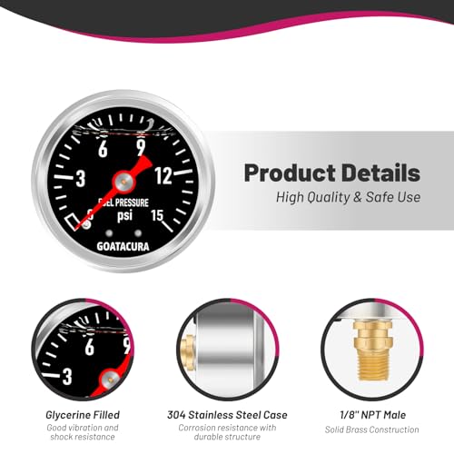 0-15psi Glycerin Filled Fuel Pressure Gauge, 1-1/2" Black Dial Size, 304 Stainless Steel Case, 1/8" NPT Center Back Mount, with High Accuracy, for Measuring Fuel Pressure - size: 0-15psi, style: Back Mount(Black Dial)