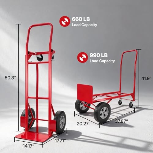 NORTHSKY 2-in-1 Convertible Hand Truck & Platform Cart, 990 lbs Heavy Duty Folding Dolly with 10" Solid Rubber Wheels, Steel Frame Hand Truck Dolly for Moving, Warehouses, Garages – Beveled Nose Plate