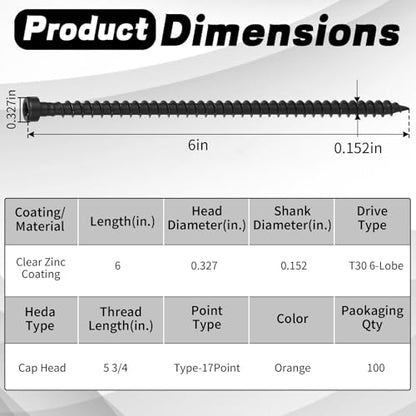 100 Pcs Truss Screws,6 Inch Structural Screws for Truss Rafter to Plate and Stud to Plate Connections,Clear Zinc (Black Topcoat) - color: Black Topcoat