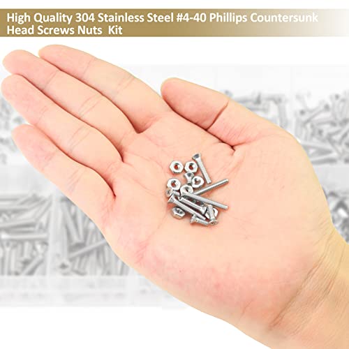242 Pieces #4-40x 3/16", 1/4", 5/16", 3/8", 1/2", 5/8", 3/4", 7/8", 1", Phillips Countersunk Head Machine Screws Nuts Assortment Kit, 304 Stainless Steel, Fully Machine Thread - size: #4-40