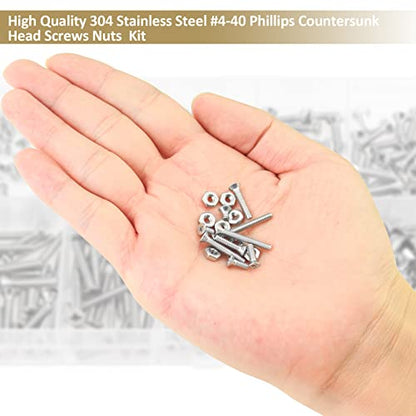 242 Pieces #4-40x 3/16", 1/4", 5/16", 3/8", 1/2", 5/8", 3/4", 7/8", 1", Phillips Countersunk Head Machine Screws Nuts Assortment Kit, 304 Stainless Steel, Fully Machine Thread - size: #4-40