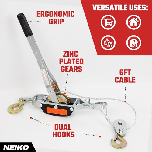 NEIKO 02253A Come Along Winch, 3-Ton (6,000 Lbs) Pulling Capacity, 9.8Ft, 2 Hook, Heavy Duty Power Cable Come Along Tool with Dual Gears, Hand Winch Cable, Automotive Hoist Winch Puller, Recovery Gear - size: 3 Ton