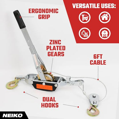 NEIKO 02253A Come Along Winch, 3-Ton (6,000 Lbs) Pulling Capacity, 9.8Ft, 2 Hook, Heavy Duty Power Cable Come Along Tool with Dual Gears, Hand Winch Cable, Automotive Hoist Winch Puller, Recovery Gear - size: 3 Ton