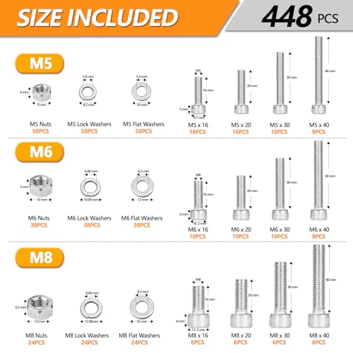 448 Pcs M5 M6 M8 Hex Socket Head Cap Screws Kit, 16/20/30/40mm Metric Bolts - size: M5/M6/M8 - 16/20/30/40mm