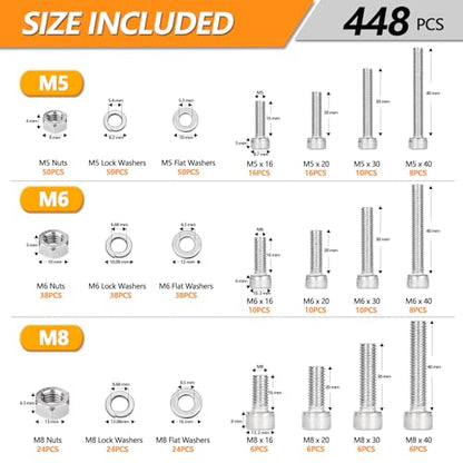 448 Pcs M5 M6 M8 Hex Socket Head Cap Screws Kit, 16/20/30/40mm Metric Bolts - size: M5/M6/M8 - 16/20/30/40mm