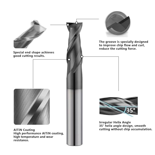 1/4" Tungsten Carbide Square End Mill 2 Flute Micro Grain Milling Bits Set,AlTiN Coating,for Milling Alloy Steels,Cast Iron,Carbon Steel(5PCS) - size: 1/4 in