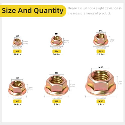 150Pcs M3 M4 M5 M6 M8 M10 Serrated Flange Nuts, Carbon Steel Yellow Zinc Plated Metric Flange Hex Lock Nuts for DIY Home Mechanism