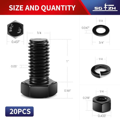 1/4-20 x 1 Hex Head Screw Bolt, Nuts, Flat & Lock Washers, 20Pcs 18-8 (304) Stainless Steel, Fully Threaded, Black Oxide by SG TZH - size: 1/4-20 x 1"