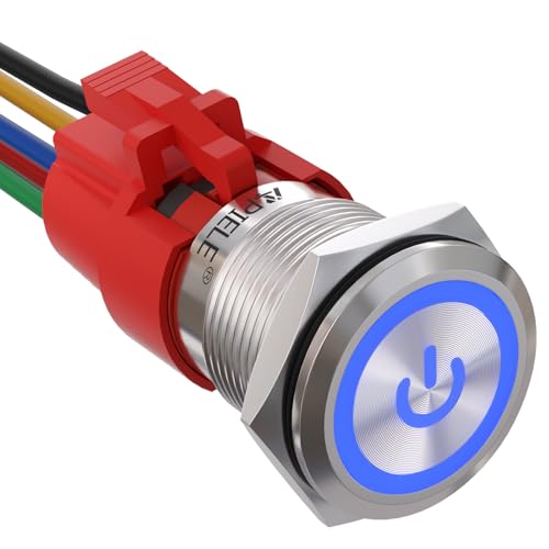 APIELE 19mm Latching Push Button Switch 3/4" 12V DC Power Symbol LED with Socket Plug 1NO1NC SPDT ON/Off（ Blue） - color: Blue