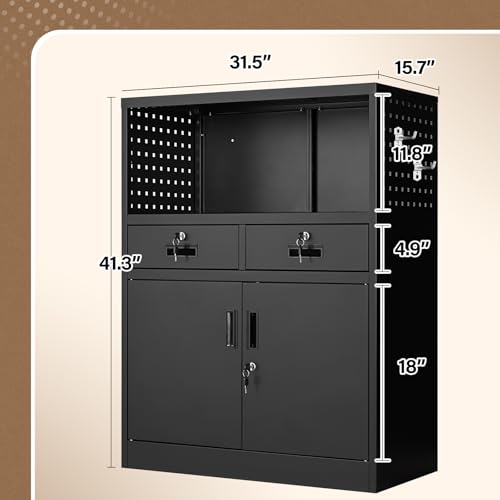 Storage Cabinet with Drawers, 41.3" Steel Lockable Storage Cabinets with Doors and Side Pegboard, Metal Cabinet for Garage, School, Home Office, Black - color: Black, size: 41.3"H